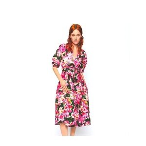 Zara Pink Floral Midi Dress w/ Waist tie